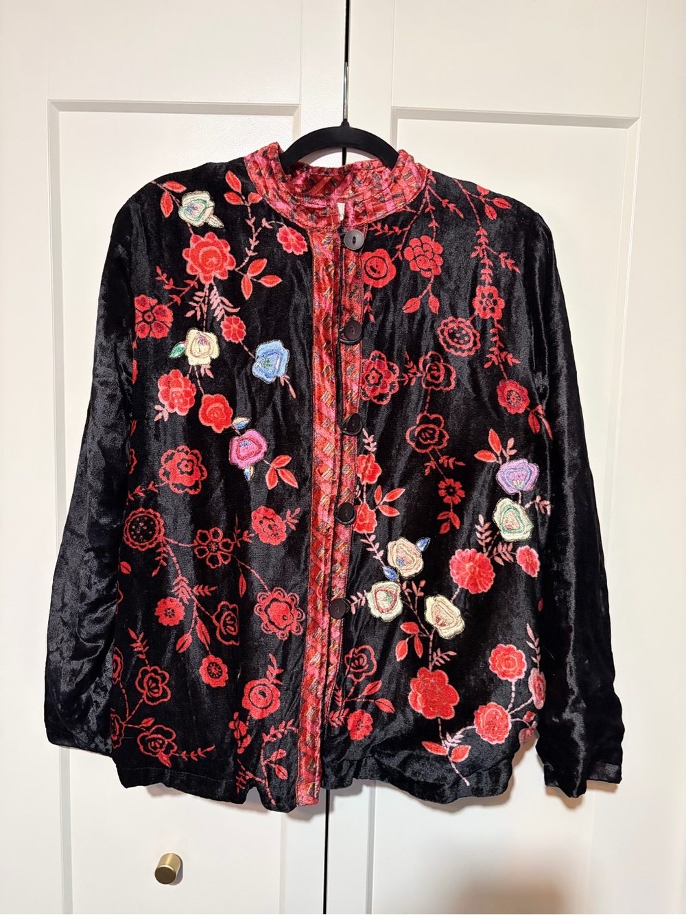 White Stag Black Teddy Jacket with Red Floral Embroidery